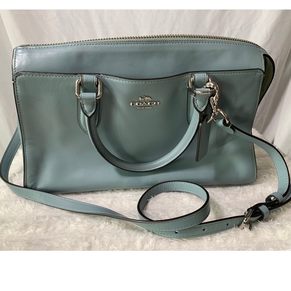 Coach Light Blue Leather Satchel Bag Silver Hardware Top Handle Zip Closure#869 - Picture 1 of 13